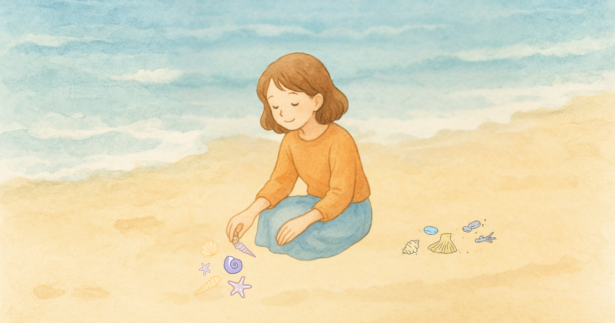 海辺で小さな貝殻を拾う女性のイラスト。マインドフルネスの記事アイキャッチ画像